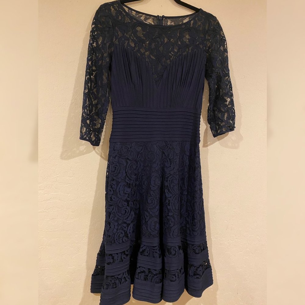 Tadashi Shoji Lace Navy Blue Midi Dress - Size XS